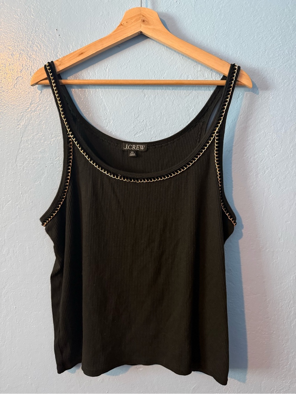 J. Crew Black Ribbed Tank with Gold Chain Trim